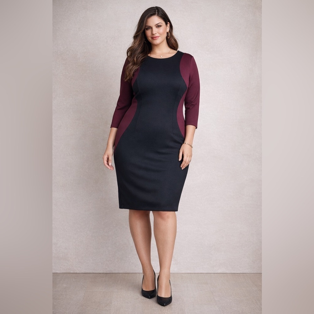 Lane Bryant Colorblock Burgundy Black Curve Hugging Bodycon Sheath Dress NWOT
